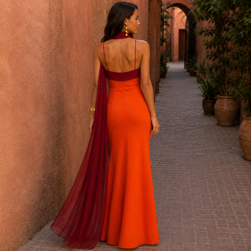 Nayra | Vestido largo bicolor con detalle de lazo