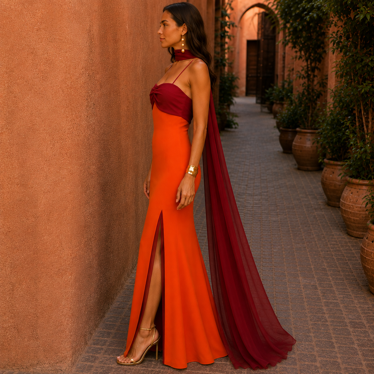 Nayra | Vestido largo bicolor con detalle de lazo