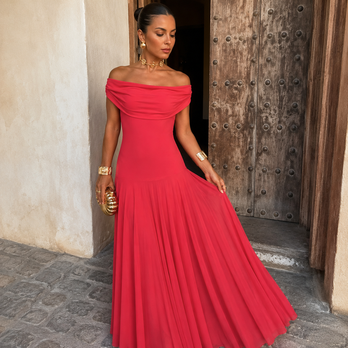 Serena | Vestido largo con escote Bardot