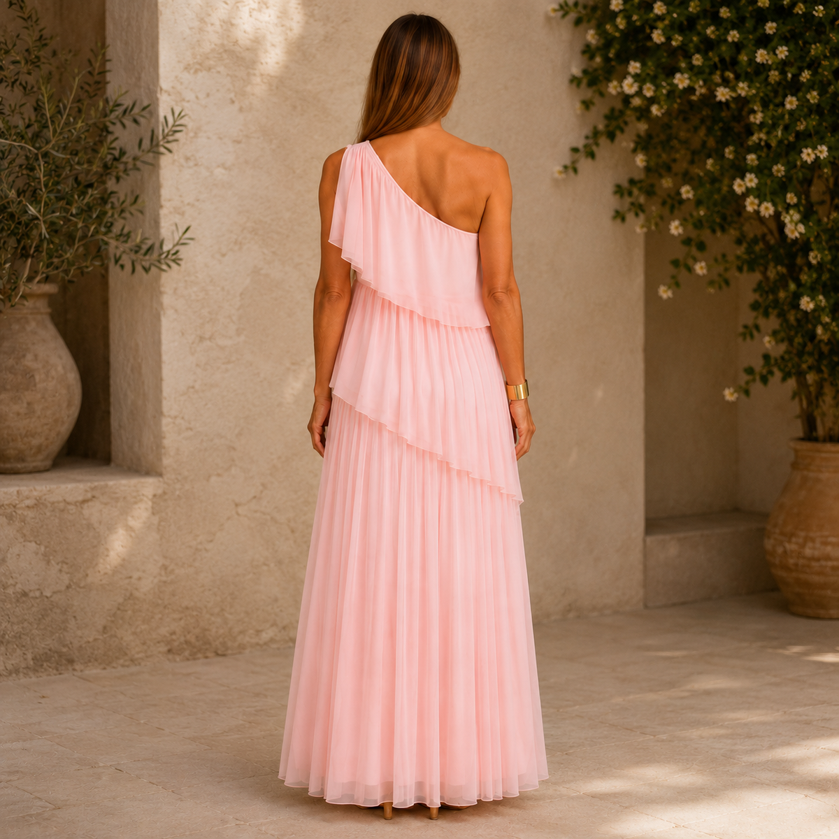 Alma | Vestido largo plisado asimétrico.