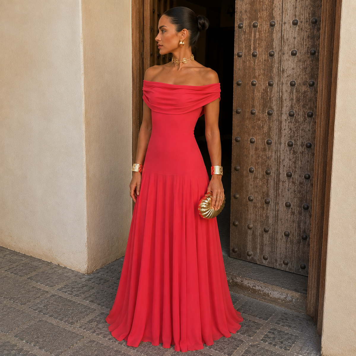 Serena | Vestido largo con escote Bardot